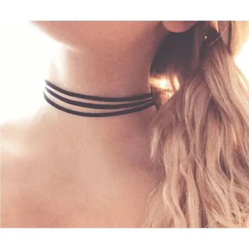 Náhrdelník Černý Choker Náhrdelník Zlatý 3 Řemínky Chocker
