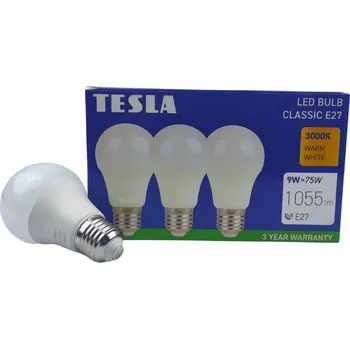 Žárovka TESLA- žárovka BULB E27, 9W, 1055lm, 3000K teplá bílá, 3ks v balení