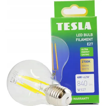 Žárovka TESLA lighting Tesla - LED žárovka FILAMENT A class, E27, 4W, 840lm, 2700K teplá bílá, 360st, čirá, 230V, 25 000h