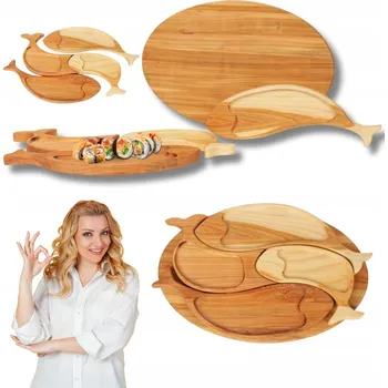 VELKÉ PRKÉNKO PODNOS NA SERVÍROVÁNÍ Z TŘEŠŇOVÉHO DŘEVA RYBY RYBIČKY 5-DÍLNÉ