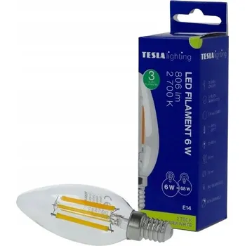 Žárovka TESLA- žárovka FILAMENT RETRO svíčka E14, 6W, 806lm, 2700K teplá,