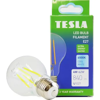 Žárovka TESLA- žárovka FILAMENT A class, E27, 4W, 840lm, 6500K studená bílá,