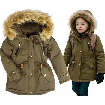 Dívčí bunda Olivová khaki zimní bunda parka s kožíšek teplá velikost 140