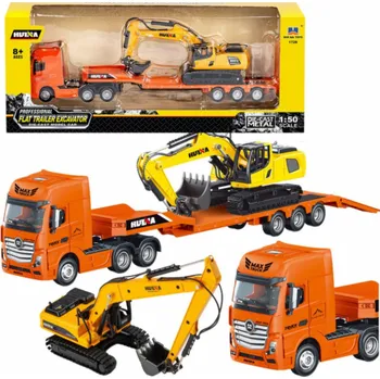 Hračka HUINA Nákladní vůz s přívěsem, odtahovka, kovový bagr, oranžová 1:50