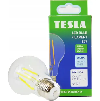 Žárovka TESLA- žárovka FILAMENT A class, E27, 4W, 840lm, 4000K denní bílá,