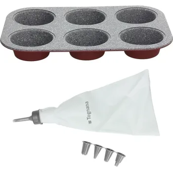 Plech na pečení TOGNANA Cherry – forma na 6 muffinek s rukávem na zdobení