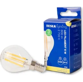 Žárovka TESLA- žárovka miniglobe FILAMENT RETRO E14, 6W,806lm, 2700K teplá b.,