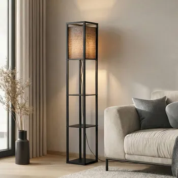 Lampička Lindby stojací lampa Birta, černá, police, dřevo, 159 cm - Délka kabelu 250 cm; výška každé police 39 cm 1 x 15 W LED - Doprava zdarma