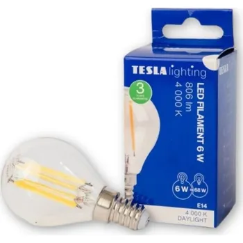 Žárovka TESLA- žárovka miniglobe FILAMENT RETRO E14, 6W,806lm, 4000K denní b.,