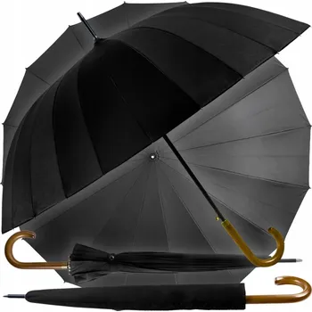 Černý automatický větruodolný deštník s dřevěnou rukojetí a pouzdrem