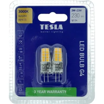 Žárovka TESLA- žárovka G4, 2W, 12V, 230lm, 3000K teplá bílá, 2ks v balení