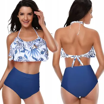 Dámské plavky Plavky Bikini s Vysokým Pasem Volánek Kokosy Modré S