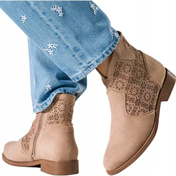 Dámská zimní obuv KOTNÍKOVÉ BOTY Béžové dámské AŽUROVÉ kotníkové boty na ploché podrážce, jarní obuv, velikost 39