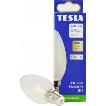Žárovka TESLA- žárovka FILAMENT RETRO svíčka E14, 4.2W, 470lm, 2700K teplá, mléčná