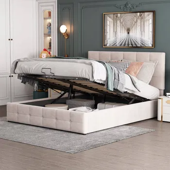 Postel Čalouněná postel Dvoulůžko Hydraulické 140x200cm Béžová