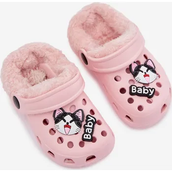Dětské pěnové pantofle zateplené kožíškem s ozdobnými připínkami – růžové Velikost: 29