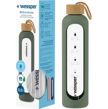 Láhev Wessper Wessper B1 borosilikátová skleněná láhev na vodu 500 ml s motivační odměrkou a olivovým pouzdrem