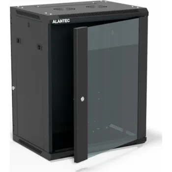 Rozvaděč Alantec Nástěnná skříň 19 15U 600x450, jednokřídlé skleněné dveře, plně odnímatelná zadní stěna, plně odnímatelné boční stěny, uzamykatelná, 4 nosníky, černá, pro svépomocnou montáž - ploché balení (SW-15U-600-450-01-CF)