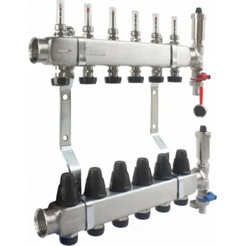 rozdělovač topení Ferro 12cestný nerezový rozdělovač INOX s průtokoměry, termostatickými ventily, vypouštěcími ventily a automatickými odvzdušňovacími ventily