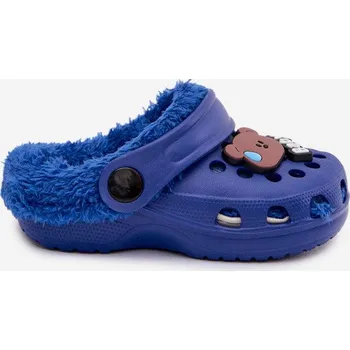 Dětské pěnové pantofle zateplené kožíškem s ozdobnými připínkami – tmavě modré Velikost: 28