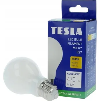 Žárovka TESLA- žárovka FILAMENT BULB, E27, 4,2W, 470lm, 2700K teplá bílá, mléčná