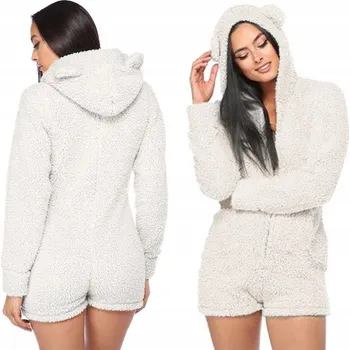 Dámské pyžamo Bílé piżama jednoczęściowa z kapturem a oušky, overal na zip, teplé a pohodlné, velikost L