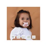 Dudlík Difrax Natural 18+ měsíců, měkký silikonový dudlík, design dinosaura, modro-šeříkový, balení