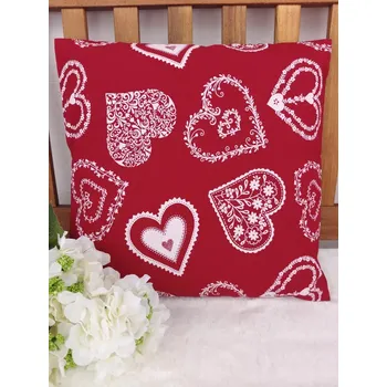 Povlak na polštářek Povlak na polštář 40 x 40 cm – Malovaná srdce bílá na červené | Ruční výroba z bavlny