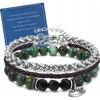 Náramek Pánský Náramek Dárek Sada 3 kusů Kožené Ocelové Kameny