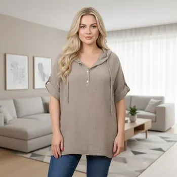 Dámská tunika Dámská hnědá dlouhá bavlněná mušelínová tunika s kapucí nadměrná velikost - italská móda M1744