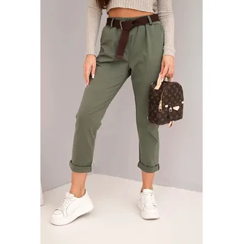 Dámské kalhoty Dámské bavlněné kalhoty s páskem a ohrnutým lemem khaki UNI