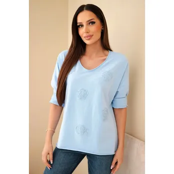 Dámská halenka Dámská bavlněná blůza s vyšívanými květinami a V výstřihem modrá UNI
