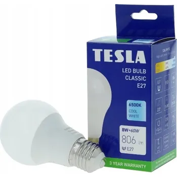 Žárovka TESLA- žárovka BULB E27, 8W, 806lm, 6500K studená bílá,