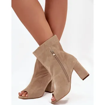 Dámské kozačky Semišové Boty Na Podpatku S Otevřenými Prsty Zazoo 3830 Barva: Béžová, Velikost: 37