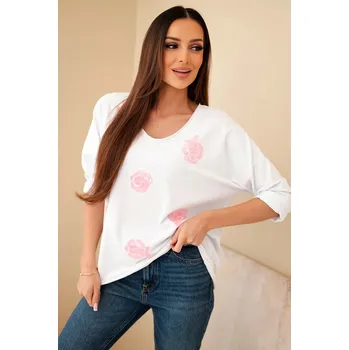 Dámská halenka Dámská bavlněná blůza s vyšívanými květinami a V výstřihem bílý+růžový UNI