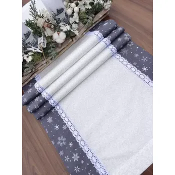 Vánoční dekorace Běhoun vánoční - stříbrné jmelí na bílé lemované bílými vločkami na šedé