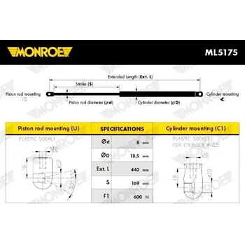 Příslušenství karosérie Pneumatická pružina, zavazadlový / nákladový prostor MONROE ML5175