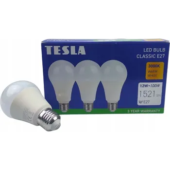 Žárovka TESLA- žárovka BULB E27, 12W, 1521lm, 3000K teplá bílá , 3 pack