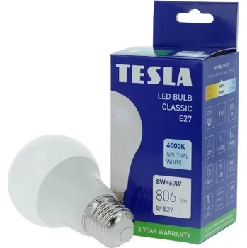 Žárovka TESLA- žárovka BULB E27, 8W, 806lm, 4000K denní bílá,