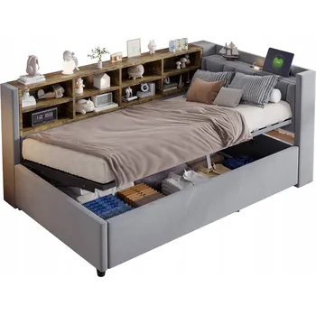 Postel Čalouněná postel LED Sofa s funkcí spaní, hydraulická police, USB, šedá