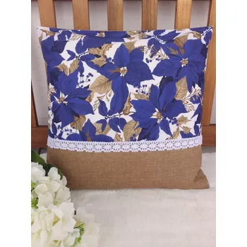 Povlak na polštářek Povlak na polštář 40 x 40 cm – Modré vánoční hvězdy s krajkou| Ruční výroba z bavlny