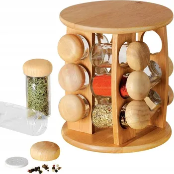 Věšák OTOČNÝ DŘEVĚNÝ STOJAN NA KOŘENÍ S NÁDOBAMI SKLENICEMI 13 KS