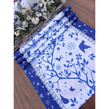 ubrus Běhoun - ubrus zimní příroda s bílými vločkami na modré | 43 x 140 cm
