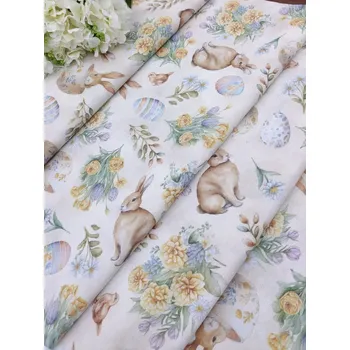 Dekorační látka - velikonoční zajíčci a vajíčka na béžové