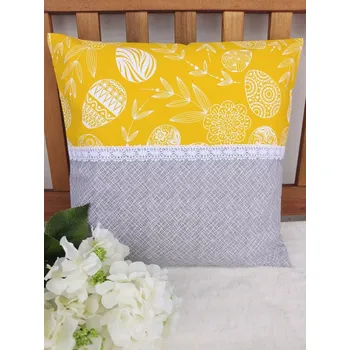 Povlak na polštářek Povlak na polštář 40 x 40 cm – Velikonoční bílá vajíčka na žluté s krajkou| Ruční výroba z bavlny