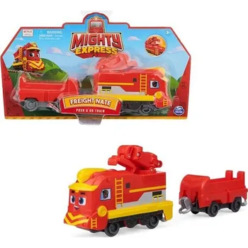 auto na autodráhu Mighty Express Push-and-Go Train Nákladní vláček Nick s nákladním vagónem - ručně ovládaný vláček