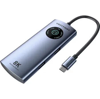 USB hub Vention USB-C to HDMI/USB 3.2 Gen 1 Type-C/USB 3.0*2/PD 8K Docking Station with LED Display 0.15M Al