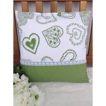 Povlak na polštářek Povlak na polštář 40 x 40 cm – zelená srdce malovaná se zeleným puntíkem a krajkou