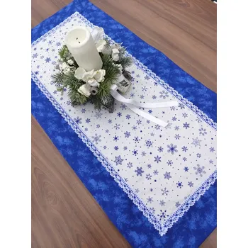 ubrus Běhoun - modré vločky na bílé lemované modrým mramorem | 44 x 90 cm | 42 x 140 cm