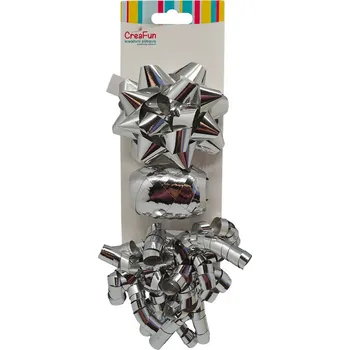 Stuha Dárková sada metalická stříbrná, 3 ks (mašle 9 cm, stuha 10 m, mašlička 6 mm)